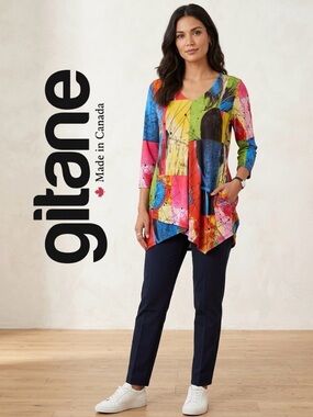 💙 Multicolor V-Neck Flowy Top Made in 🇨🇦 Size M